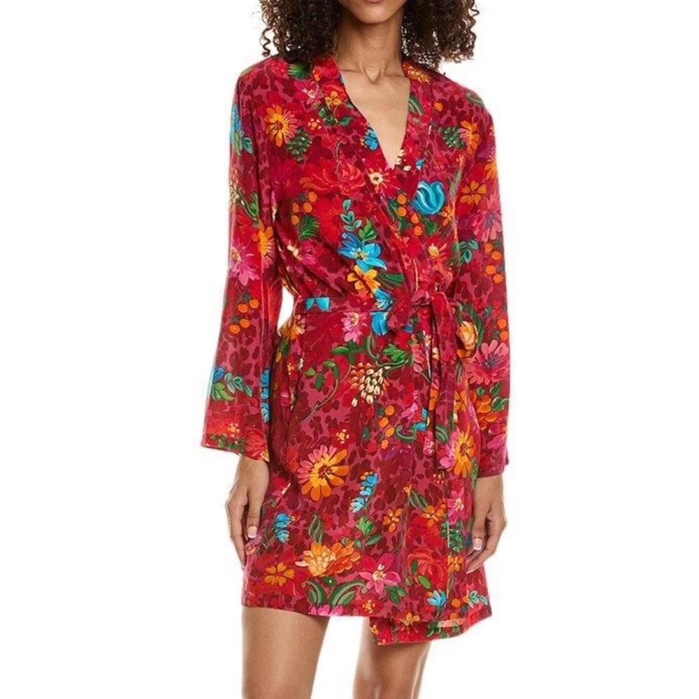 Johnny Was Evelyn 100% Silk Red Floral Robe Kimono Lounge Wear Pockets Tie Belt